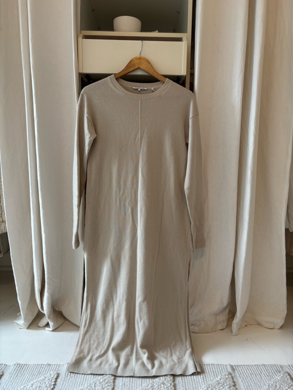 Helmut Lang light Beige Long Sleeve cashmere Maxi Dress side slits
